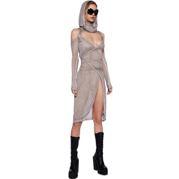 NWT Darker Wavs Semi-Sheer Hooded Turtleneck Midi Dress with Cut Out Detail - Picture 10 of 10